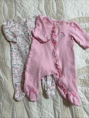 Little Me Pink and White Floral/polka Dot Footed One-Pieces